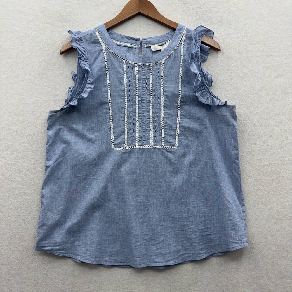 Loft Women’s Large Ruffle Sleeve Cotton Blouse Blue White